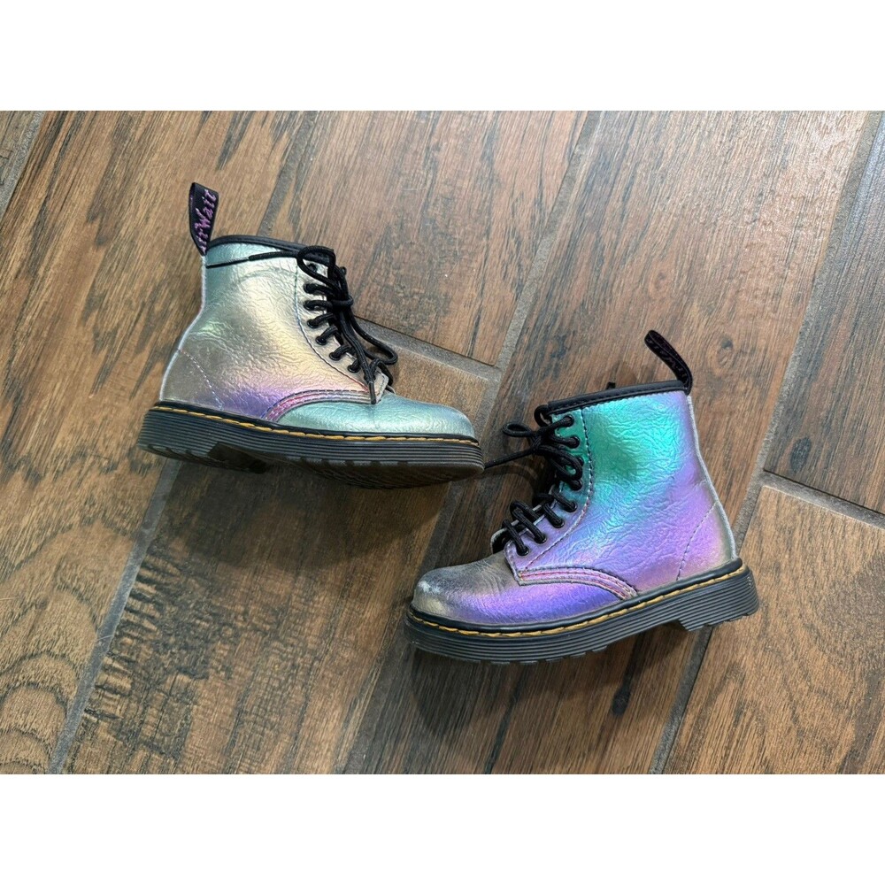 DR. MARTENS toddler 1460 Iridescent Metallic Rainbow Lace Zip Combat Boots SZ 8